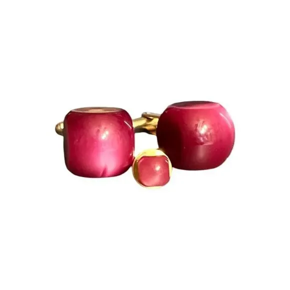 Vtg Cranberry Moonglow Plum Gold statement Jewelry Designer Cuff Links & Tie Pin